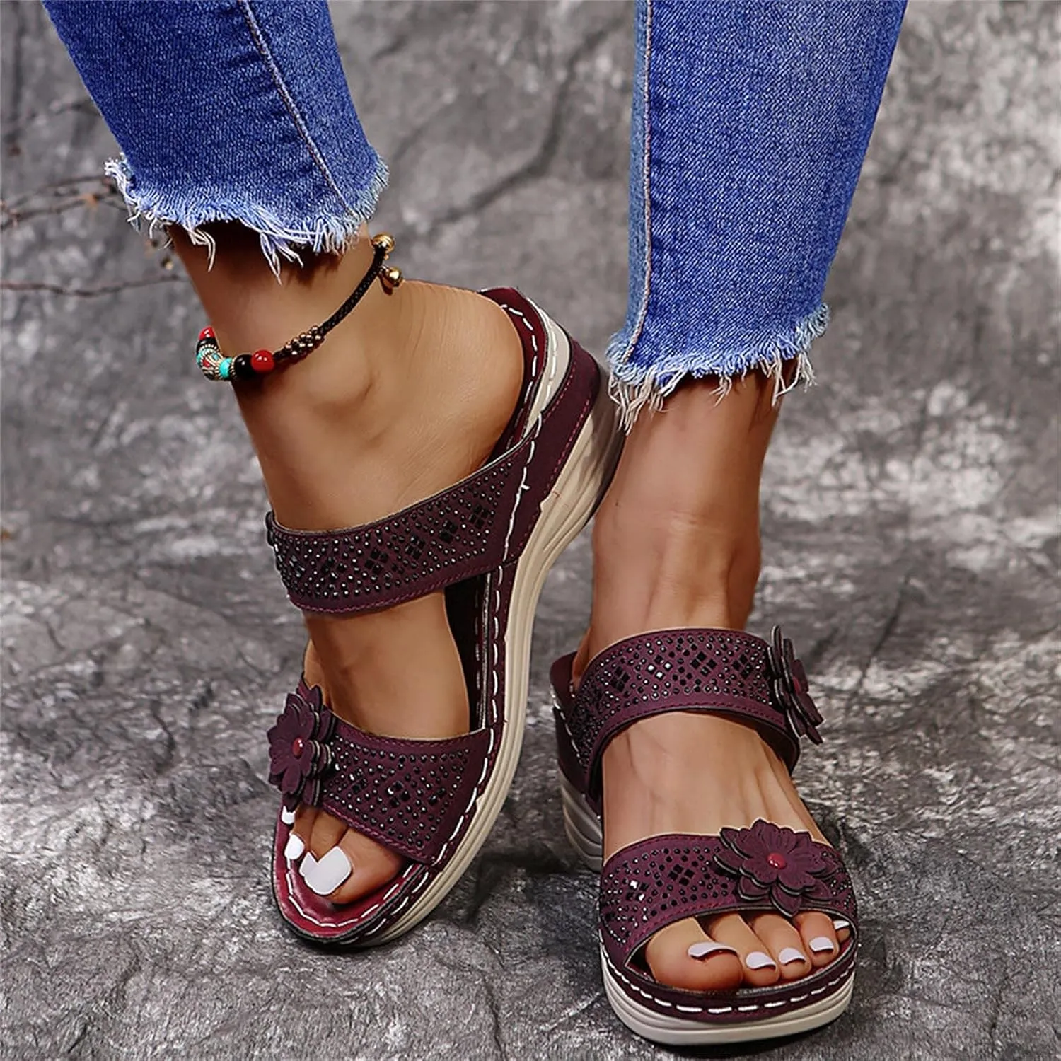 ZSpzx Women's Orthotic Cushion Sandals Foot Arch Support Plantar Fasciitis Bunion Open Toe Wedge Slide Flowers Comfortable Dressy Summer Casual Womens Shoes Orthopedic Non Slip-on Outdoor Slides